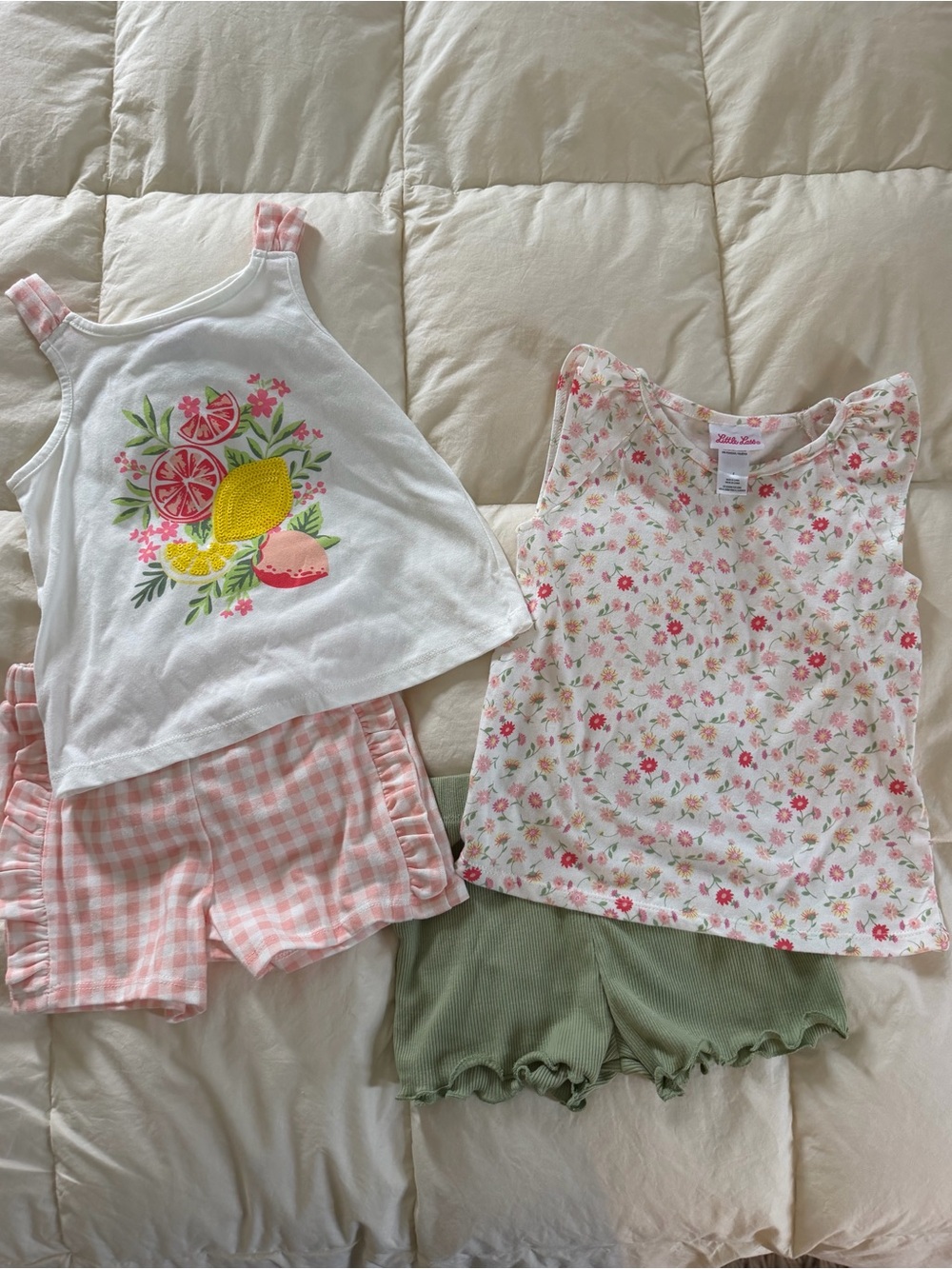 Girls White Fruit & Floral Sets with Pink Gingham and Green Shorts